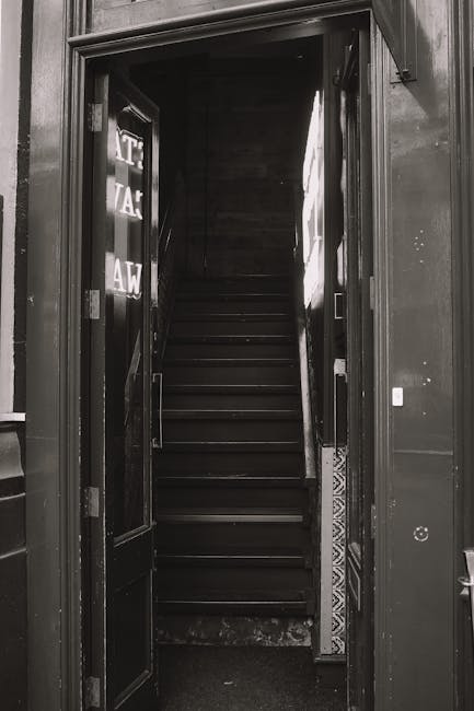 The image shows a narrow outdoor staircase made of concrete steps leading up to a brown wooden front door at the entrance of a building in an urban residential area. The stairs are flanked by a green 